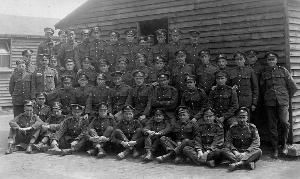 These men all wear CMGC insignia, and AER (seond from left, top row) has his stripes...so I am inferring that this photo was taken at Bramshott, just before repatriation.
